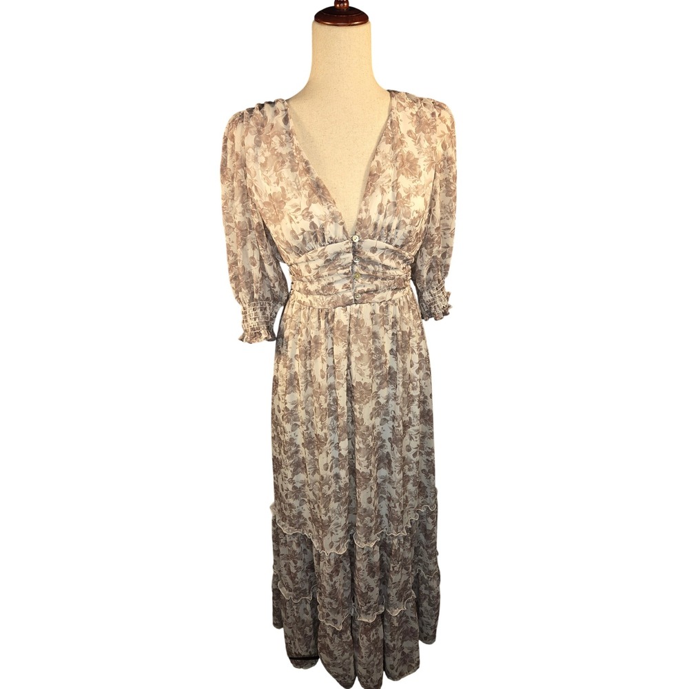 Altar'd State Floral Smocked Tiered Maxi Dress Tan Cream Small‎ ID34166-09A